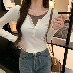 春秋休闲潮日韩女式 修身 上衣女长袖 T恤薄款 圆领 女装 假两件打底衫