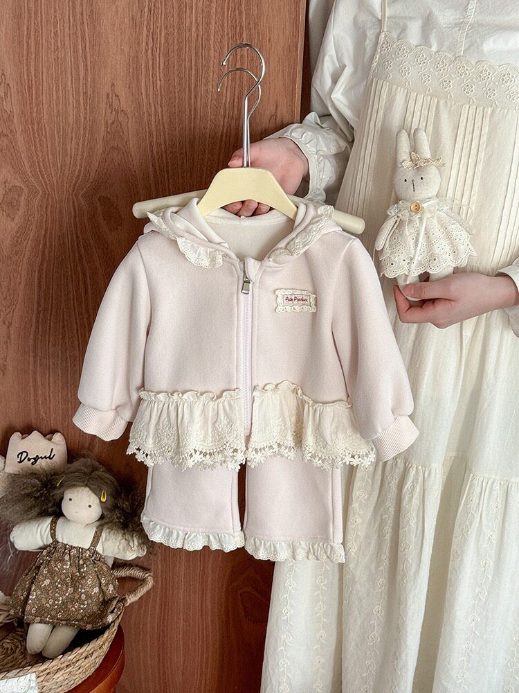 女童连帽花边卫衣卫裤套装春秋季连身衣/爬服/哈衣