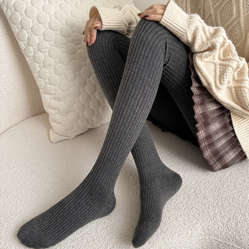 秋冬季加绒羊毛针织连裤袜女外穿加厚保暖米白色竖纹打底袜裤灰色