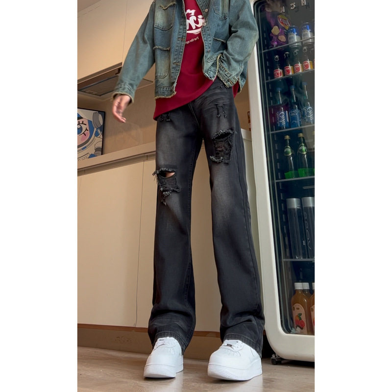 欧美痞帅hiphop裤子窄版显瘦直筒长裤美式高街黑色破洞DY265-P65,男装牛仔裤,星座808A-1