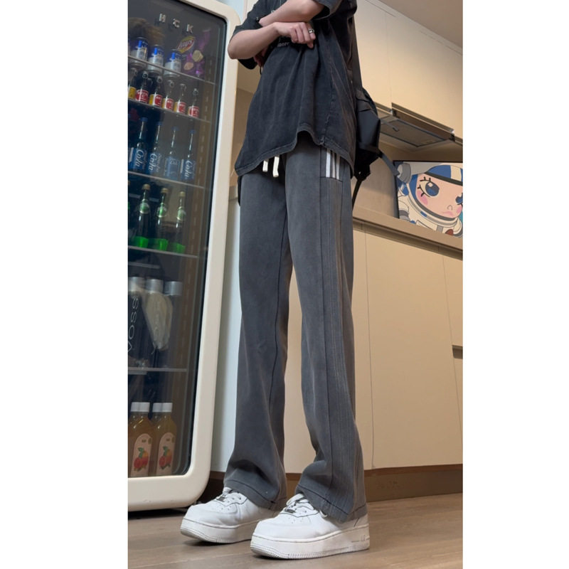 三杠条纹运动卫裤男休闲直筒阔腿拖地bf风宽松夏季长裤DY284-P65,男装牛仔裤,星座808A-1