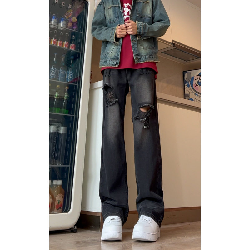 欧美痞帅hiphop裤子窄版显瘦直筒长裤美式高街黑色破洞DY265-P65,男装牛仔裤,星座808A-1
