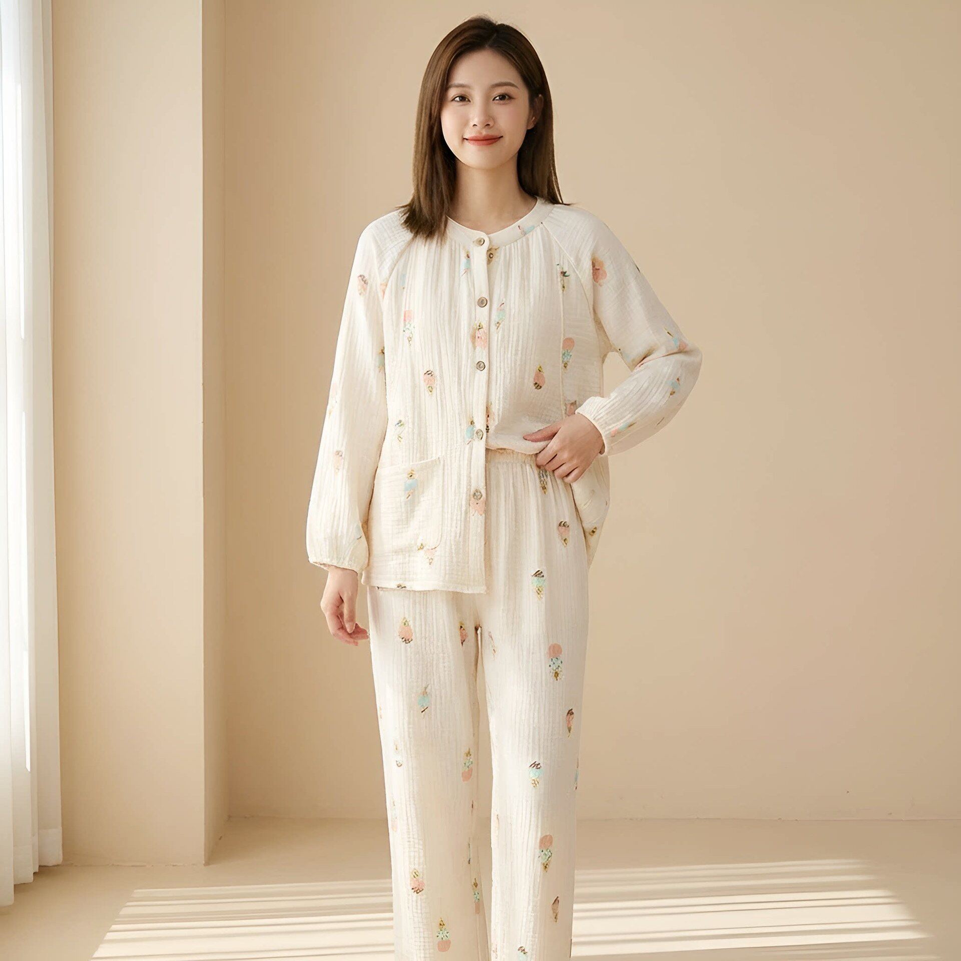 纯棉四层纱布孕妇睡衣春秋冬季加厚月子服全棉孕期产后哺乳家居服