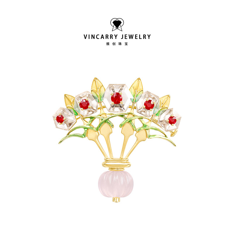 VINCARRY 18K金培育红宝白水晶粉晶胸针轻奢大气胸针女生礼物