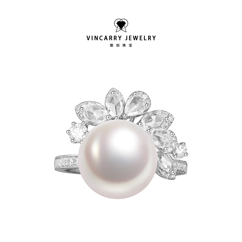 VINCARRY 18K金培育钻珍珠戒指小众轻奢珍珠饰品小众定制人工钻石