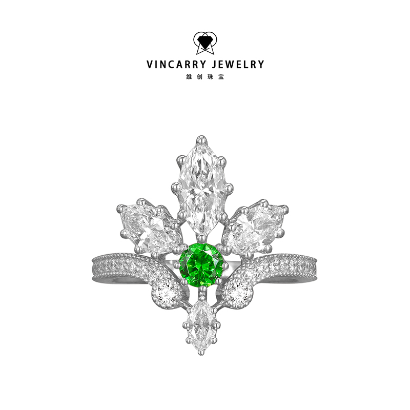 VINCARRY 18K金祖母绿宝石羽毛戒指女轻奢小众指环定制
