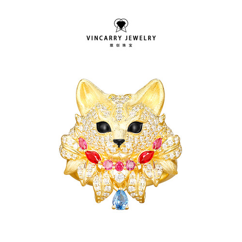 VINCARRY维创珠宝K金宠物猫猫彩宝戒指国潮精致镶钻戒指