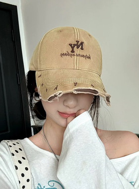 韩版刺绣棒球帽子男女通用四季破洞做旧百搭遮阳显脸小潮流鸭舌帽
