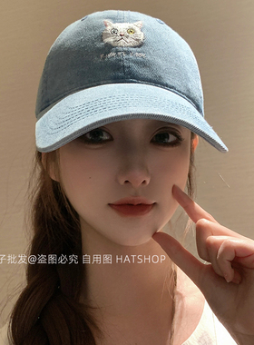 牛仔猫咪刺绣棒球帽女软顶可爱百搭显脸小鸭舌帽