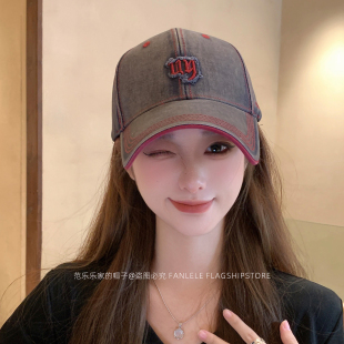 硬顶做旧棒球帽男女字母破洞宽帽檐显脸小鸭舌帽情侣款 春夏季 新款