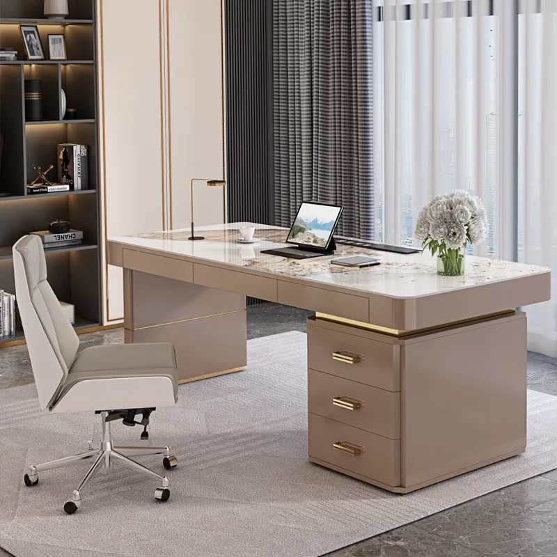 轻奢现代书桌台式电脑桌椅组合高端简约岩板办公桌家用书房写字台