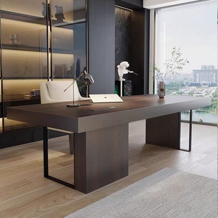 意式极简现代简约烟熏书桌家用实木工作台电脑桌老板写字台办公桌