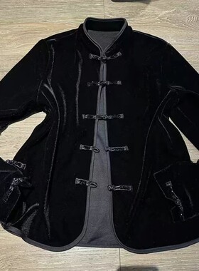 新中式黑色真丝金丝绒立领开衫