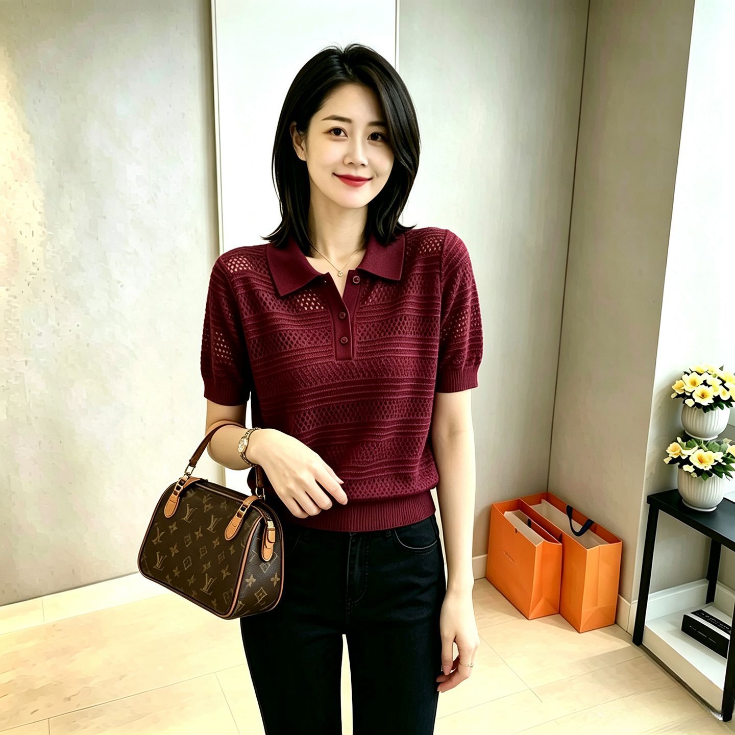 大码POLO领镂空针织衫显瘦短袖女