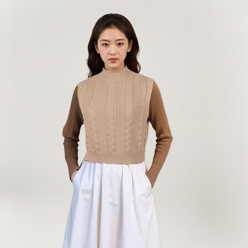 春秋季新款女装简约百搭烟管领纯棉线针织衫毛衣叠穿修身马甲背心