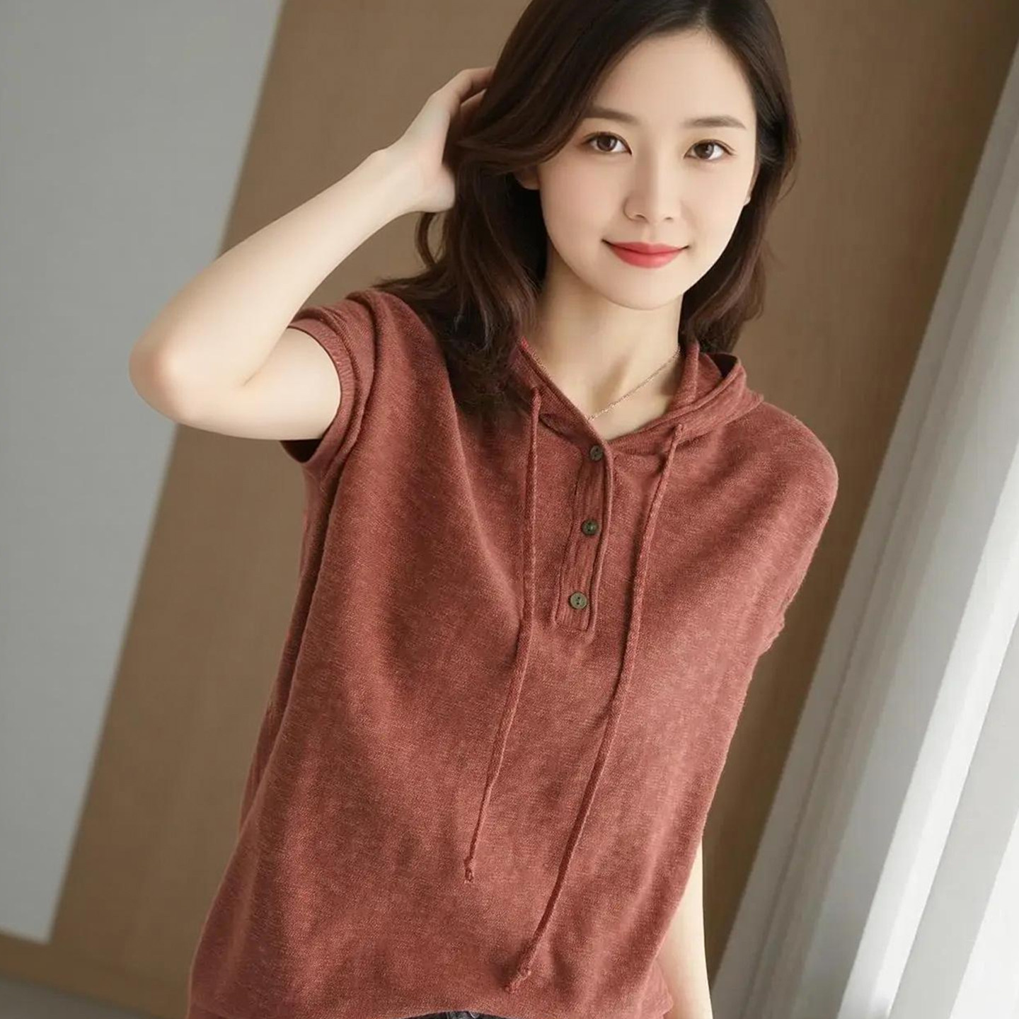 夏季新款连帽短袖女t恤韩版宽松竹节纱V领帽衫针织打底衫薄款上衣