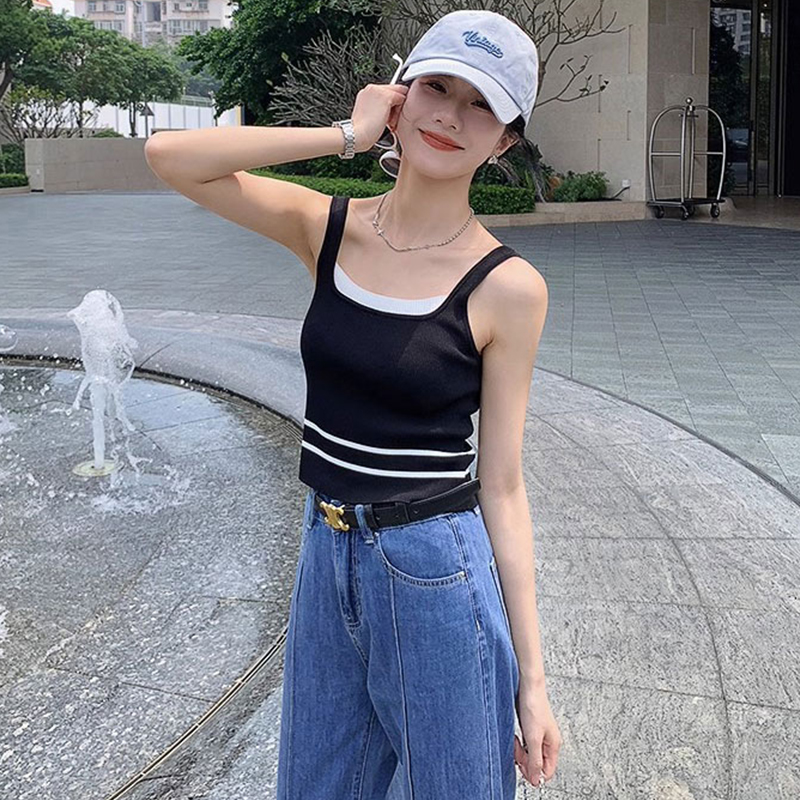 拼接假两件上衣女夏季新款无袖针织吊带小背心短款内搭外穿打底衫