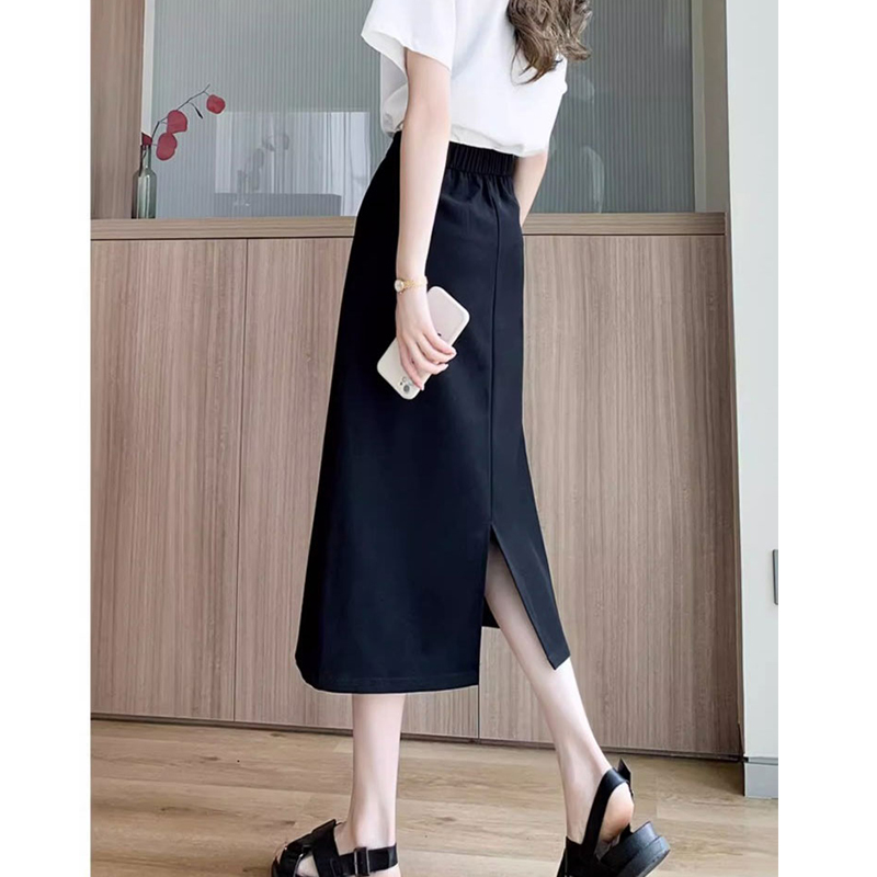 黑色半身裙女中长款小个子薄款高腰西装裙大码显瘦开叉一步a字裙