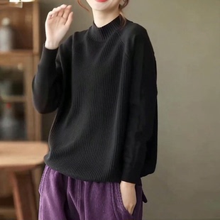 半高领针织衫毛衣秋冬季新款韩版宽松大码女装黑色套头长袖打底衫