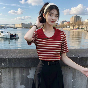 t恤女大码 红色翻领条纹针织衫 小众短袖 夏季 胖妹妹polo领上衣 新款