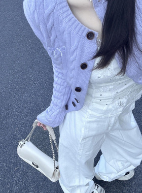 紫色毛衣外套女春季穿搭新款韩系bm风复古蝴蝶结针织开衫长袖上衣