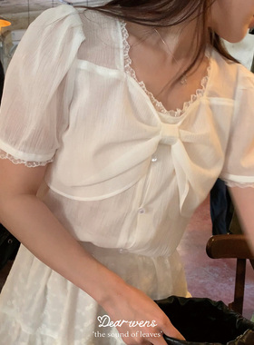 Dear wednesday. 2024款微透夏日奶盐蝴蝶结上衣甜美温柔短袖衬衫