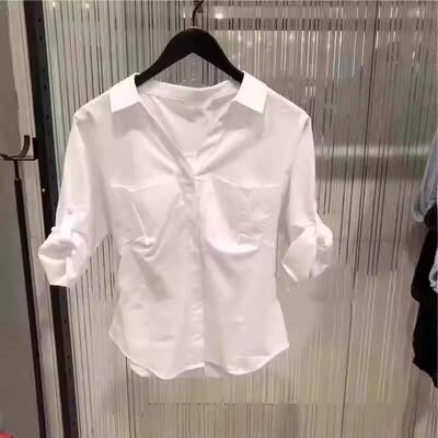 夏法式修身七分袖V领衬衫上衣女