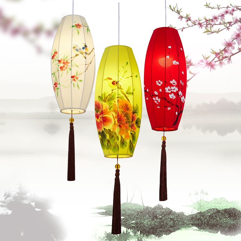 新中式布艺手绘画橄榄灯创意餐厅火锅店红灯笼吊灯仿古宫灯灯具图片