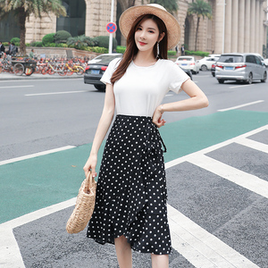 RM7346#夏季波点印花半身裙百搭一片式系带裹裙中长款鱼尾裙