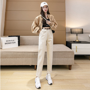 RM6020#杏色直筒休闲裤女2023年春夏新款百搭高腰显瘦九分哈伦裤