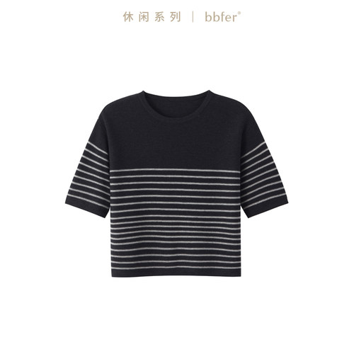 bbfer本依凡春季条纹短袖针织衫宽松显瘦上衣女套头衫0015
