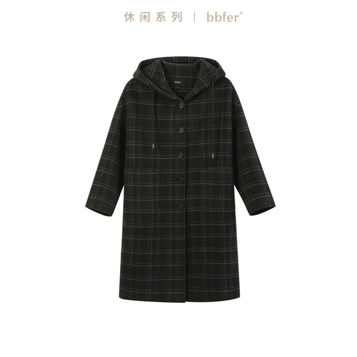 本依凡冬格子双面毛呢大衣中长款