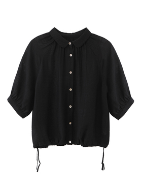 本依凡 夏季女士通勤开襟衬衣SESCY0333短袖衬衫纯色百搭黑色显瘦