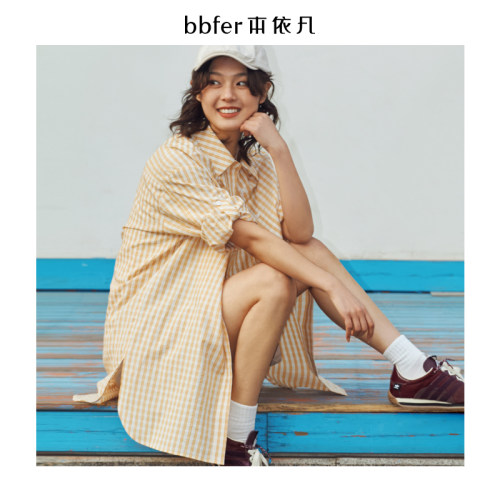 bbfer本依凡夏季女WESCY0403格子长袖衬衫宽松休闲百搭衬衣简约