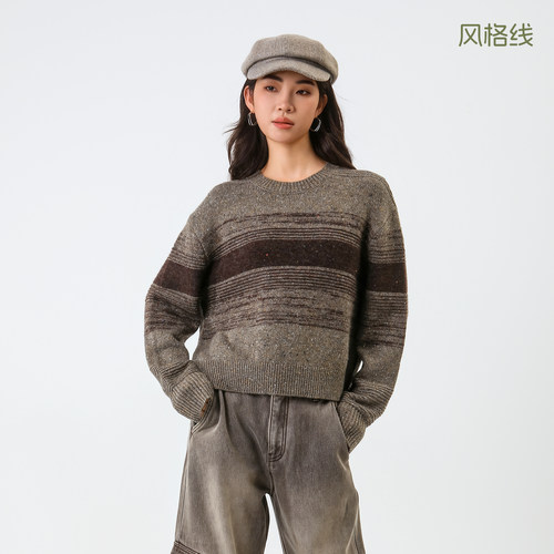Bbfer本依凡冬款复古条纹毛衣女士圆领套头针织衫0044