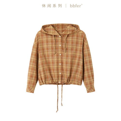 bbfer本依凡冬季连帽衬衣女宽松短款格子长袖衬衫外套SSSCY0149