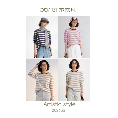 BBFER本依凡春款条纹套头针织衫圆领毛衫女LYSZZ0059
