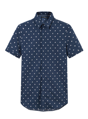 [三标齐全]鸟家男装PEACE 夏季藏蓝色印花休闲短袖衬衫 B1CC62306