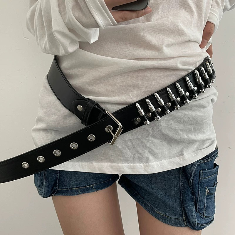 thumbnail for Belt studded bullet European and American punk belt jeans are decorated with a versatile black belt