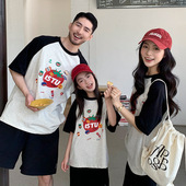 母女装 亲子装 情侣插肩袖 一家三口卡通印花纯棉短袖 上衣潮 T恤夏装