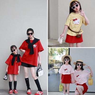 度假夏装潮亲子T恤母子装女童纯棉短袖亮色T恤上衣可爱卡通K-itty