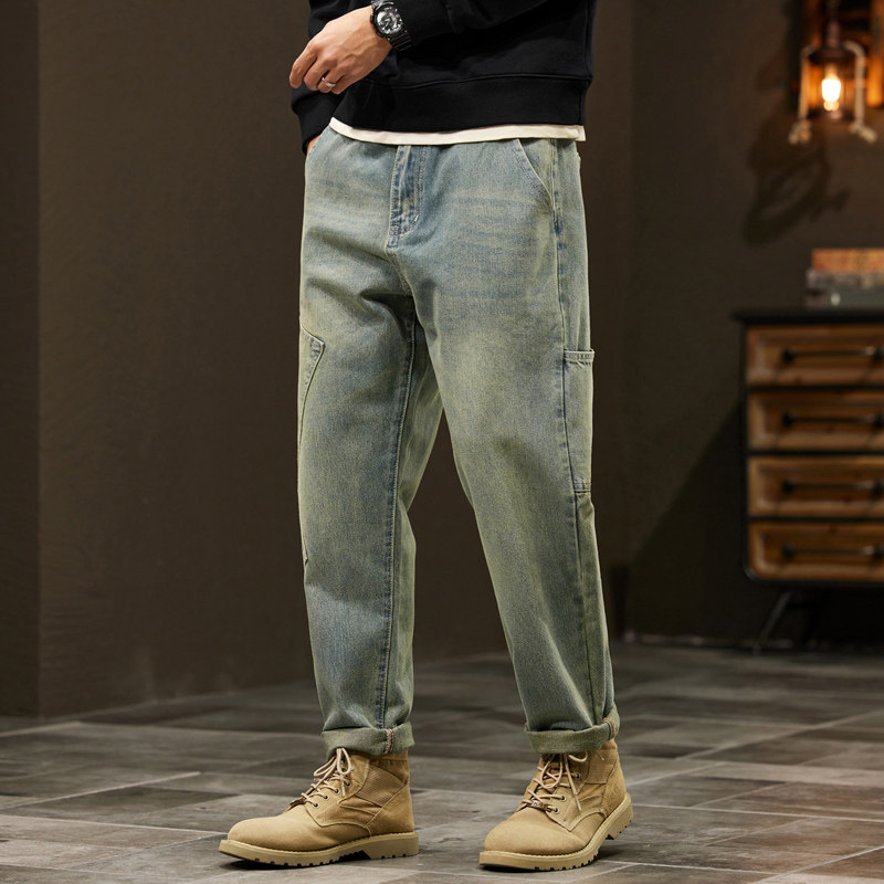 N193美式复古工装牛仔裤男宽松直筒潮牌痞帅大码阔腿休闲长裤P57，男装牛仔裤，星座1615-1