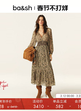 ba&sh春季法式茶歇森林迷影印花南法度假高腰V领连衣长裙1E25CORA