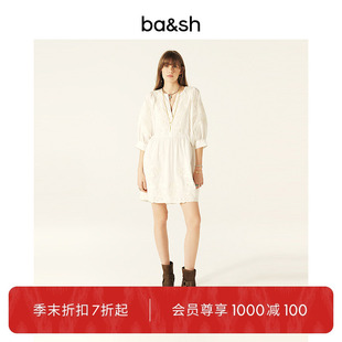 bash秋季 簡約連衣裙短裙小白裙1H24GYAR 法式 重工雕花剪刀領(lǐng)燈籠袖