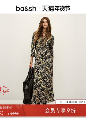 bash春季豹纹藤蔓法式印花连衣裙女装度假风长裙1H25ONOA