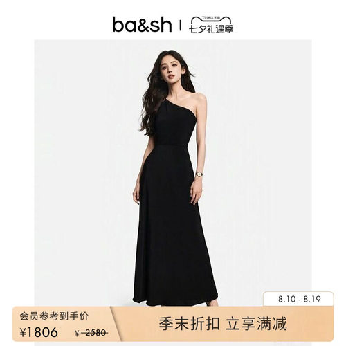 bash夏季法式斜肩小黑裙连衣裙新年晚会派对礼服连身长裙1E25FINN