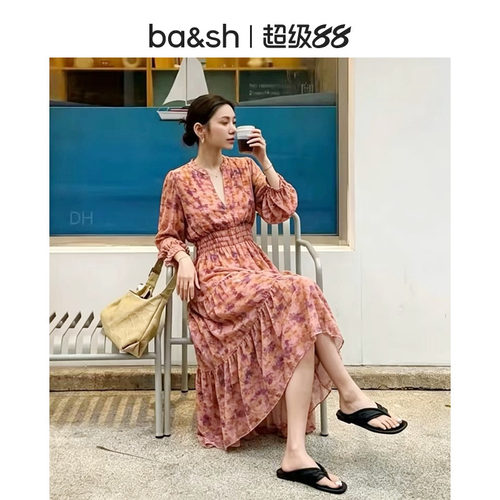 bash2026新款早秋法式复古风晕染碎花V领收褶长款连衣裙1H26AEMA