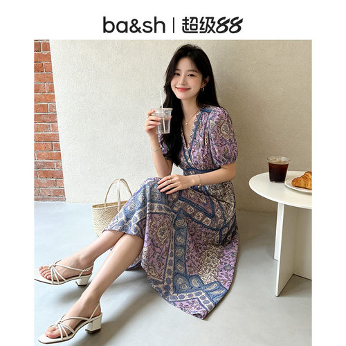 bash春夏香芋紫印花连衣裙