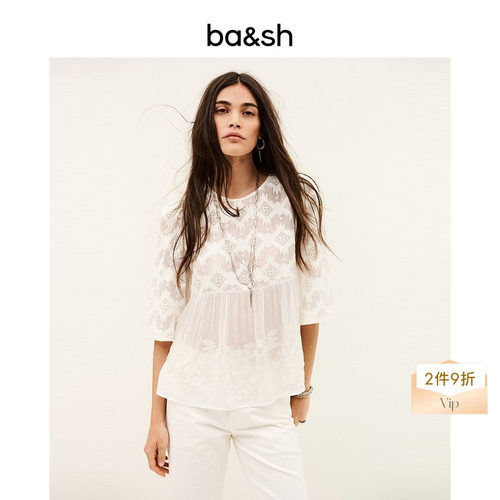 【2件9折】bash2026新款夏季米白几何刺绣透视圆领上衣1E26APOL