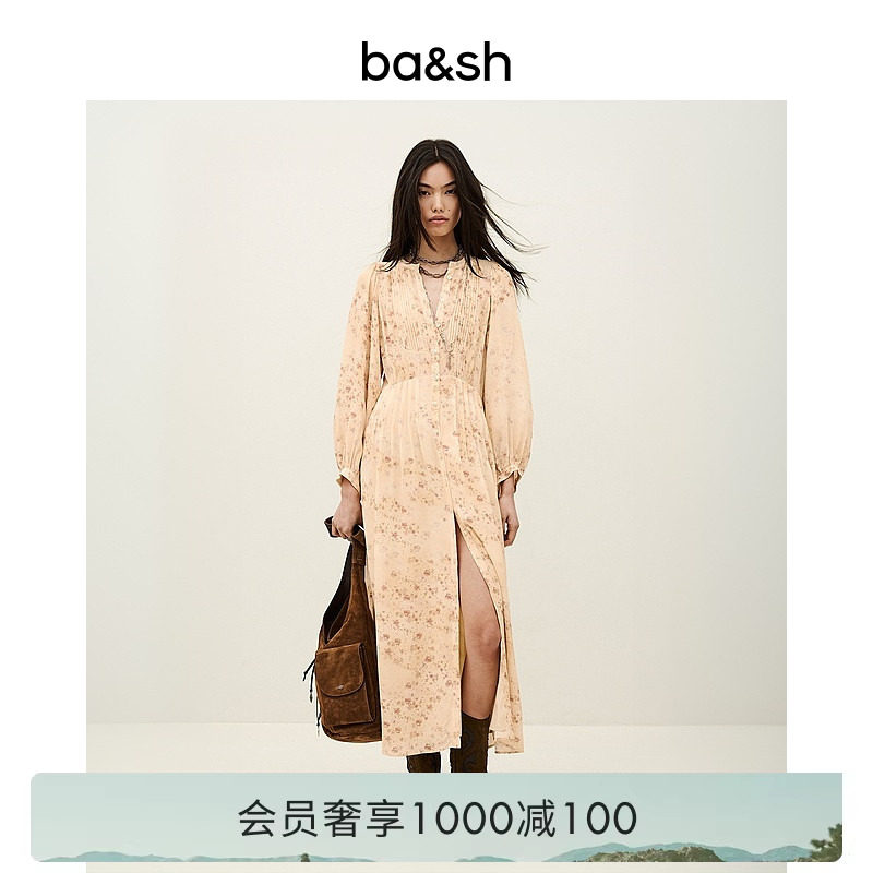 bash2026新款春季漫野法式度假风碎花收腰女灯笼袖连衣裙1E26NALD